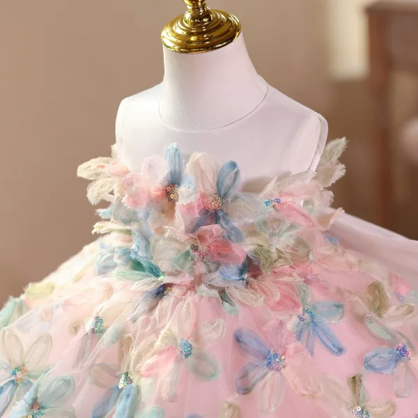 Flower Fairy Blushing Pink Beading Appliques Sequins Birthday Short Flower Girl Dresses 2025 Ball Gown Scoop Neck Sleeveless Backless Tulle