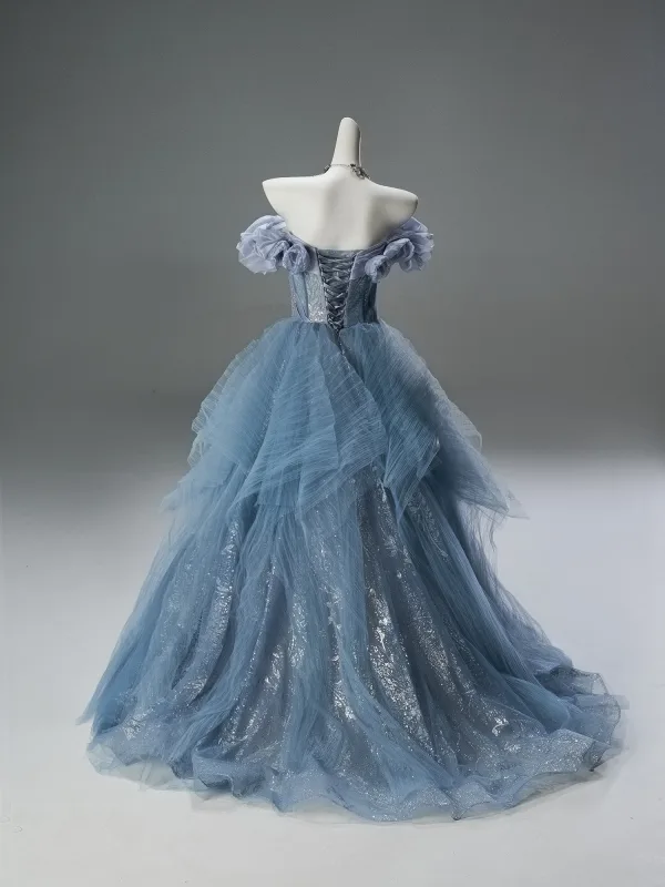 High-end Sky Blue Sequins Rhinestone Prom Dresses 2025 Ball Gown Off-The-Shoulder Short Sleeve Backless Sweep Train Prom Formal Dresses