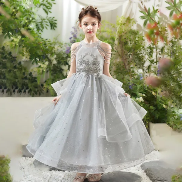 Chic / Beautiful Red Beading Sequins Cascading Ruffles Birthday Flower Girl Dresses 2025 Ball Gown Scoop Neck Sleeveless Floor-Length / Long