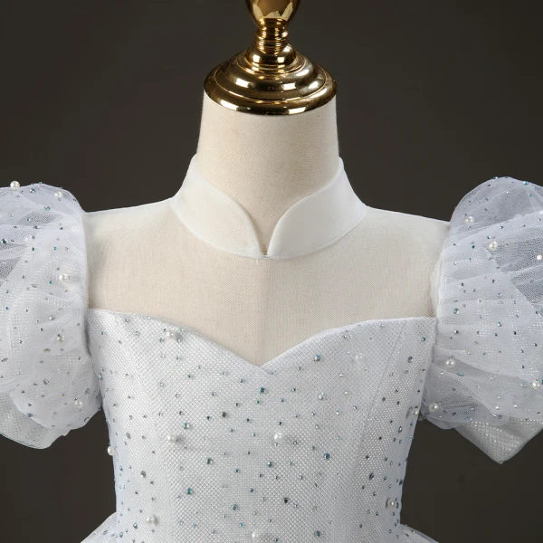 Elegant White Pearl Rhinestone Birthday Flower Girl Dresses 2022 Ball Gown High Neck Puffy Short Sleeve Backless Floor-Length / Long Flower Girl Dresses