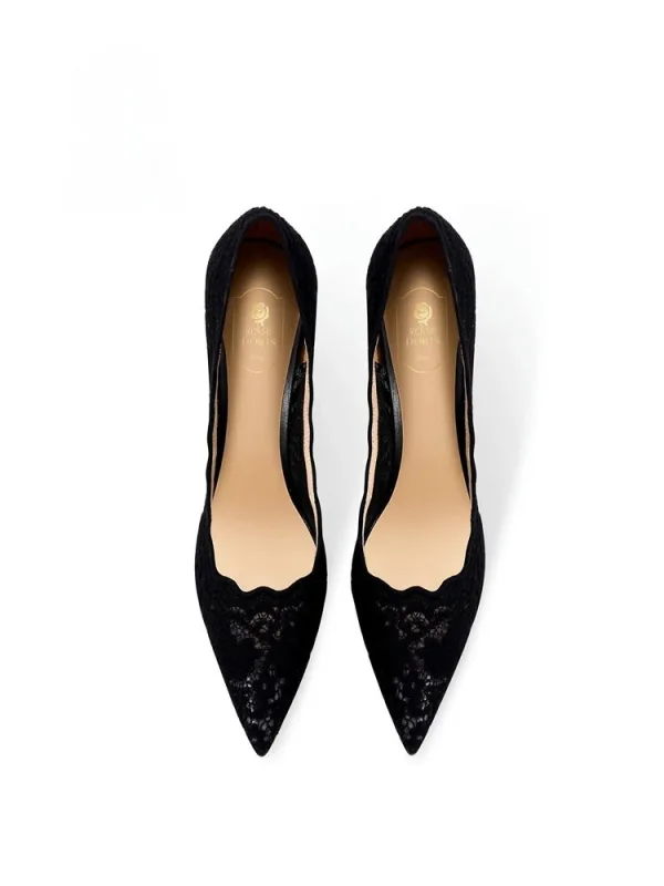 Sexy Black Evening Party Lace Flower Pumps 2026 6 cm Stiletto Heels Pointed Toe Pumps High Heels