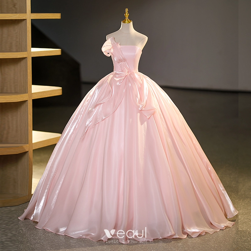 A Line Spaghetti Strap Organza Tiered Pink Prom/Formal Dress-Pgmdress
