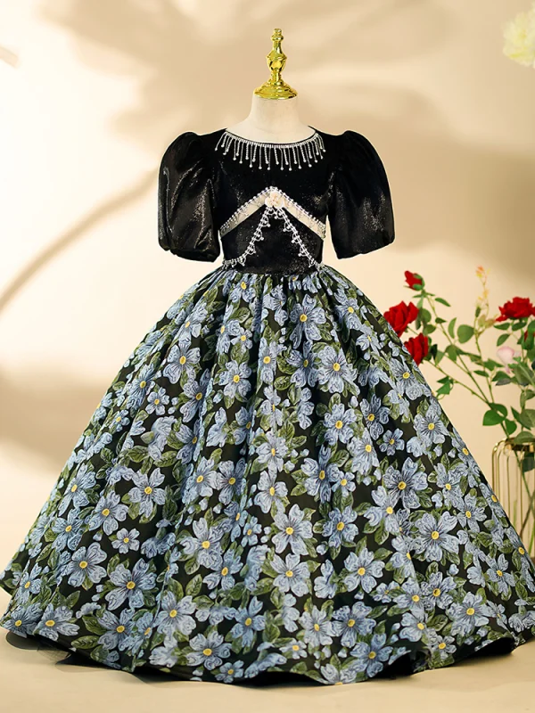 Vintage / Retro Black Rhinestone Floral Birthday Flower Girl Dresses 2024 Ball Gown Scoop Neck Short Sleeve Floor-Length / Long
