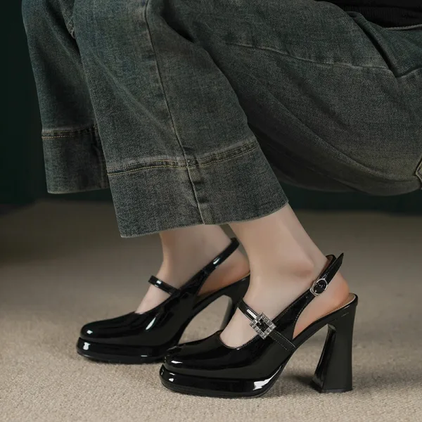 Elegant Black Casual Womens Shoes 2026 10 cm Thick Heels Round Toe High Heels