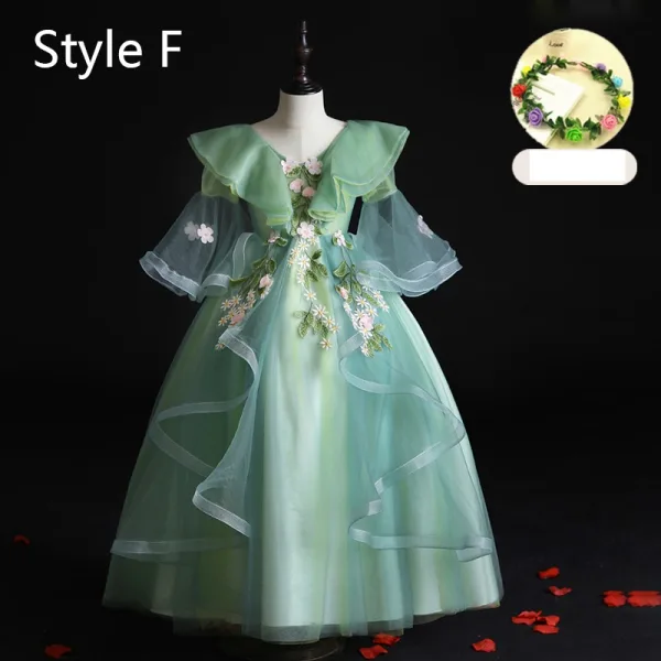 Flower Fairy Sage Green Appliques Lace Flower Birthday Flower Girl Dresses 2024 Ball Gown V-Neck Bell sleeves Court Train Flower Girl Dresses