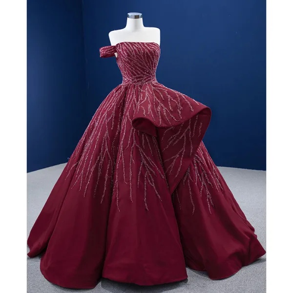 High End Burgunderrot Perlenstickerei Pailletten Ballkleider 2022 Ballkleid One-Shoulder Ärmellos Rückenfreies Sweep / Pinsel Zug Festliche Kleider