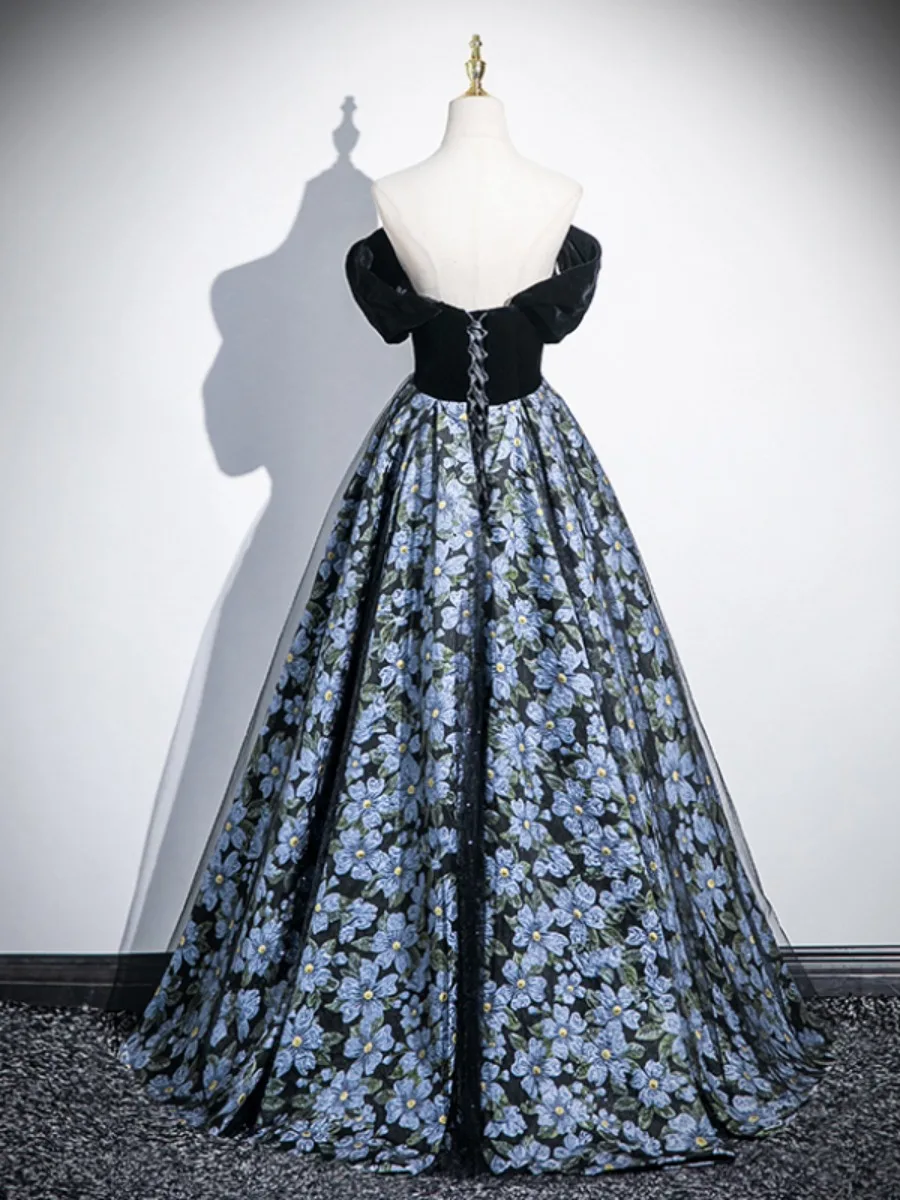 Elegant Black Floral Prom Dresses 2025 Ball Gown Off-The-Shoulder Short Sleeve Backless