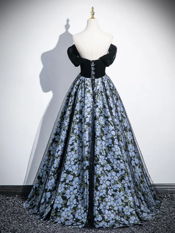 Elegant Black Floral Prom Dresses 2025 Ball Gown Off-The-Shoulder Short Sleeve Backless Floor-Length / Long Prom Formal Dresses
