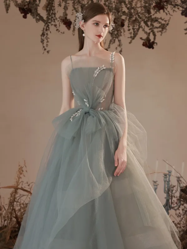 Charming Sage Green Prom Dresses 2022 A-Line / Princess Spaghetti Straps Sleeveless Backless Beading Floor-Length / Long Prom Formal Dresses