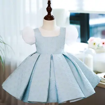 Chic Belle Bleu Ciel Anniversaire Courte Robe Ceremonie Fille 2022 Robe Boule Encolure Dégagée Gonflée Manches Courtes Robe Ceremonie Fille