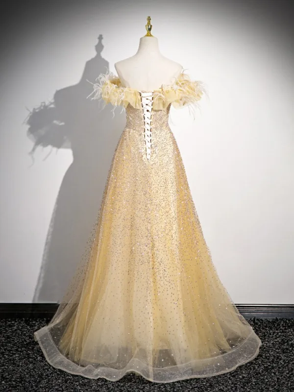 Chic / Beautiful Yellow Beading Sequins Prom Dresses 2024 A-Line / Princess Off-The-Shoulder Feather Sleeveless Backless Floor-Length / Long Prom Formal Dresses
