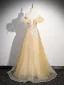 Chic / Beautiful Yellow Beading Sequins Prom Dresses 2024 A-Line / Princess Off-The-Shoulder Feather Sleeveless Backless Floor-Length / Long Prom Formal Dresses
