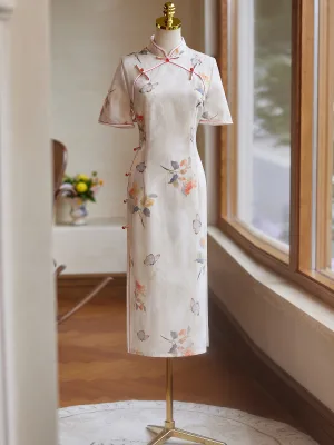 Chiński Styl Beżowe Druk Długość Herbaty Cheongsam 2024 Syrena Rozkloszowane Poliester Kótkie Rękawy
