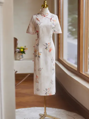 Chinese Style Beige Printing Tea Length Cheongsam Qipao 2024 Trumpet Mermaid Polyester Short Sleeve