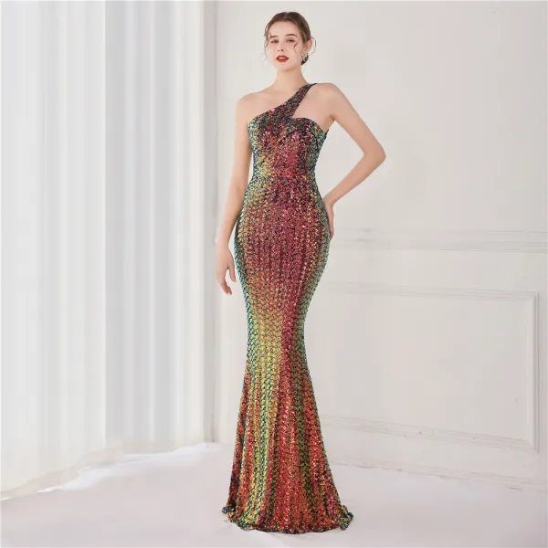 Sparkly Beige Sequins Evening Dresses 2022 A-Line / Princess One-Shoulder Sleeveless Backless Floor-Length / Long Evening Party Formal Dresses