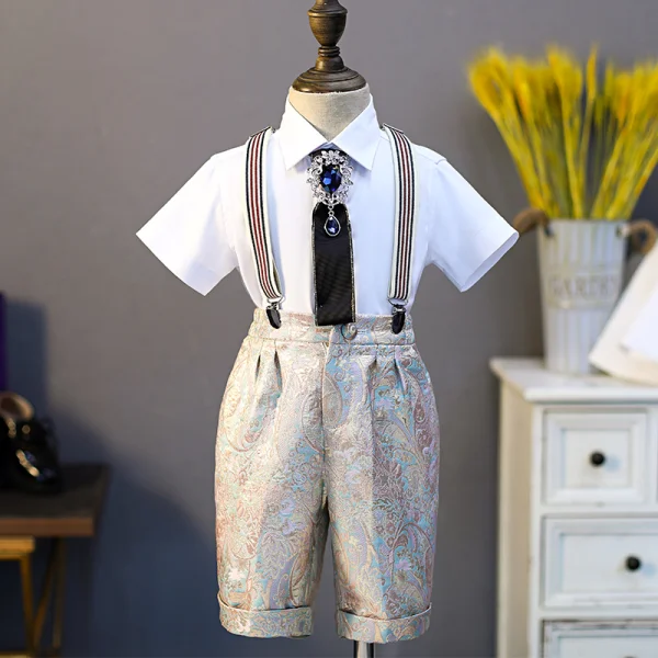 Chic / Beautiful Printing Short Sleeve Boys Wedding Suits 2022 5-piece Body Jewellery Pants Shirt Tie Vest