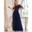 Vintage / Retro Navy Blue Lace Flower Sequins Prom Dresses 2023 A-Line / Princess Scoop Neck Short Sleeve Floor-Length / Long Prom Formal Dresses