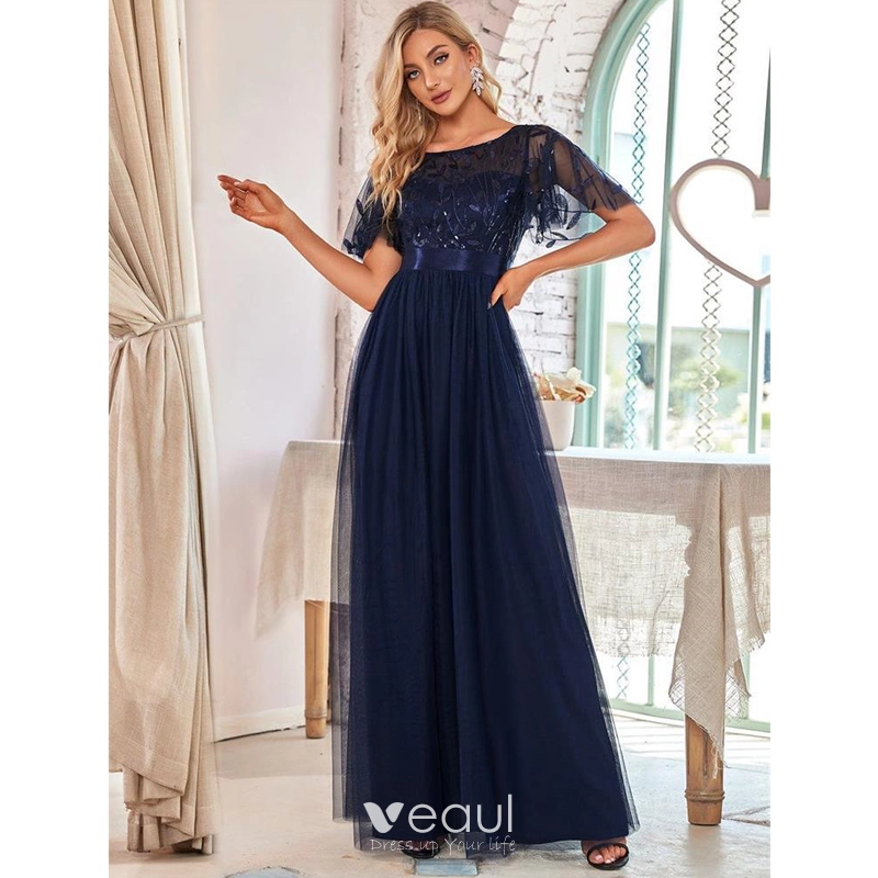 Vintage / Retro Navy Blue Lace Flower Sequins Prom Dresses 2023 A-Line / Princess Scoop Neck Short Sleeve Floor-Length / Long Prom Formal Dresses Vintage / Retro Navy Blue Lace Flower Sequins Prom Dresses 2023 A-Line / Princess Scoop Neck Short Sleeve Floor-Length / Long Prom Formal Dresses