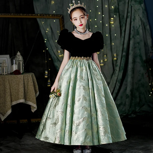 Elegant Black Rhinestone Sequins Birthday Flower Girl Dresses 2022 Ball Gown V-Neck Puffy Short Sleeve Backless Floor-Length / Long Flower Girl Dresses