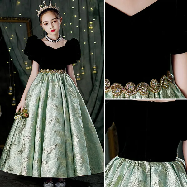 Elegant Black Rhinestone Sequins Birthday Flower Girl Dresses 2022 Ball Gown V-Neck Puffy Short Sleeve Backless Floor-Length / Long Flower Girl Dresses