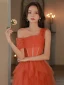 Charming Watermelon Beading Evening Dresses 2023 A-Line / Princess One-Shoulder Sleeveless Backless Floor-Length / Long Evening Party Formal Dresses