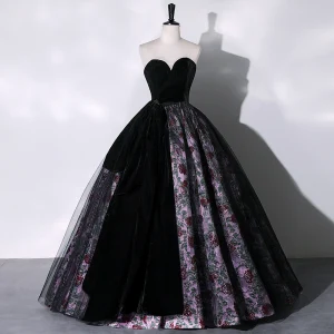 Élégant Noire Daim Fleur Robe De Bal 2023 Robe Boule Bustier Sans Manches Dos Nu Longue Promo Robe De Ceremonie