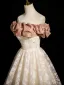 Chic / Beautiful Champagne Printing Prom Dresses 2025 A-Line / Princess Off-The-Shoulder Short Sleeve Backless Floor-Length / Long Formal Dresses