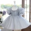 Élégant Gris Perle Courte Anniversaire Robe Ceremonie Fille 2024 Robe Boule U-Cou Gonflée Manches Courtes Noeud