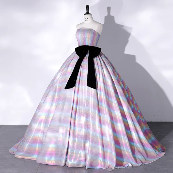 Fashion Multi-Colors Satin Prom Dresses 2022 Ball Gown Strapless Bow Sleeveless Backless Floor-Length / Long Formal Dresses