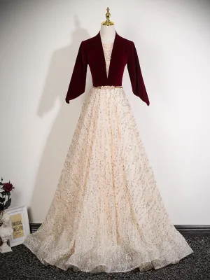 Chic Belle Bordeaux Paillettes Robe De Bal 2025 Princesse V Cou 1 2 Manches Dos Nu Ceinture Longue Promo Robe De Ceremonie
