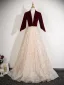 Chic / Beautiful Burgundy Sequins Prom Dresses 2025 A-Line / Princess V-Neck 1/2 Sleeves Backless Sash Floor-Length / Long Prom Formal Dresses