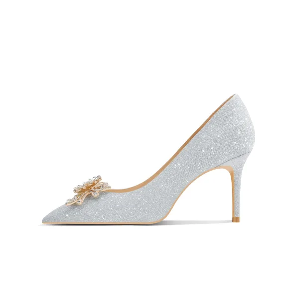 Charmant Zilveren Kristal Vlinder Bruidsschoenen 2024 Leer 6 cm Naaldhakken / Stiletto Spitse Neus Huwelijk Pumps Hoge Hakken