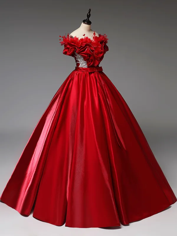 Elegant Red Appliques Sequins Satin Prom Dresses 2025 Ball Gown Off-The-Shoulder Short Sleeve Backless Bow Sash Floor-Length / Long Formal Dresses