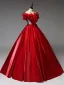 Elegant Red Appliques Sequins Satin Prom Dresses 2025 Ball Gown Off-The-Shoulder Short Sleeve Backless Bow Sash Floor-Length / Long Formal Dresses