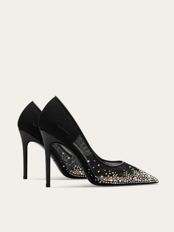 Charming Black See-through Rhinestone Prom Pumps 2025 Leather 10 cm Stiletto Heels Pointed Toe Pumps High Heels