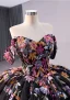 High-end Vintage / Retro Black Handmade  Sequins Lace Flower Prom Dresses 2024 Ball Gown Off-The-Shoulder Short Sleeve Backless Royal Train Prom