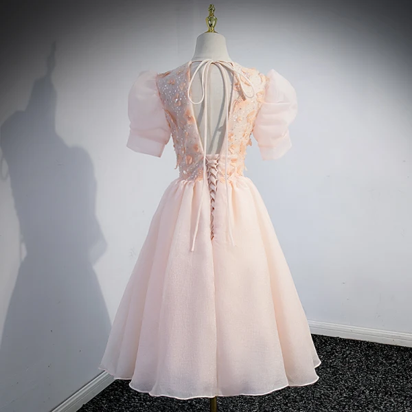 Chic / Beautiful Blushing Pink Beading Sequins Party Dresses 2022 A-Line / Princess V-Neck Appliques Short Sleeve Backless Floor-Length / Long Formal Dresses