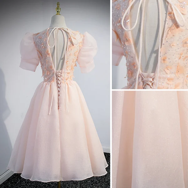Chic / Beautiful Blushing Pink Beading Sequins Party Dresses 2022 A-Line / Princess V-Neck Appliques Short Sleeve Backless Floor-Length / Long Formal Dresses