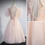 Chic / Beautiful Blushing Pink Beading Sequins Party Dresses 2022 A-Line / Princess V-Neck Appliques Short Sleeve Backless Floor-Length / Long Formal Dresses