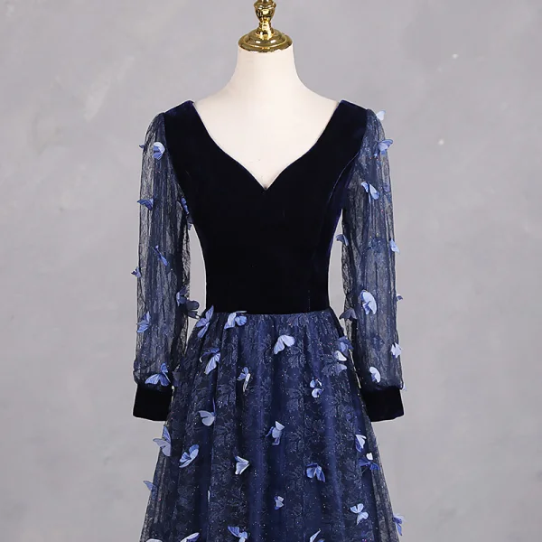 Chic / Beautiful Navy Blue Glitter Butterfly Appliques Prom Dresses 2024 A-Line / Princess V-Neck Long Sleeve Backless Floor-Length / Long Prom Formal Dresses