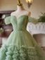 Chic / Beautiful Sage Green Cascading Ruffles Pleated Prom Dresses 2024 Ball Gown Off-The-Shoulder Short Sleeve Backless Sweep Train Prom Formal Dresses