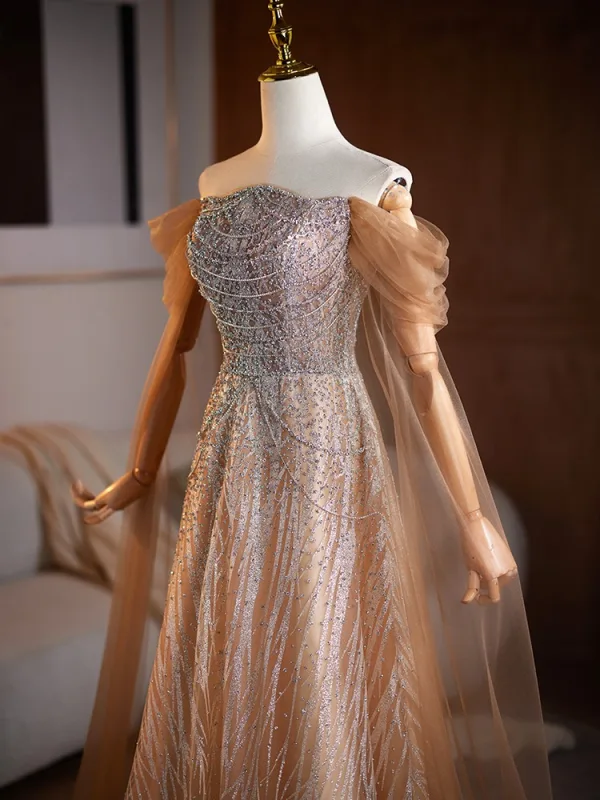 Sparkly Champagne Beading Sequins Prom Dresses 2025 A-Line / Princess Off-The-Shoulder Short Sleeve Backless Floor-Length / Long Prom Formal Dresses