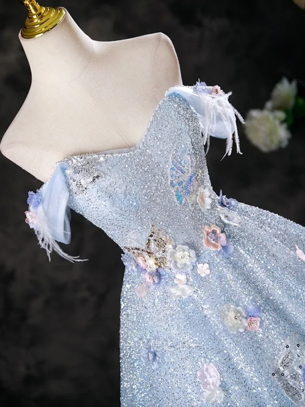 Bling Bling Sky Blue Beading Appliques Sequins Prom Dresses 2025 Ball Gown Off-The-Shoulder Sleeveless Backless Floor-Length / Long Formal Dresses