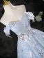 Bling Bling Sky Blue Beading Appliques Sequins Prom Dresses 2025 Ball Gown Off-The-Shoulder Sleeveless Backless Floor-Length / Long Formal Dresses