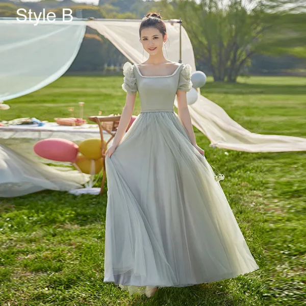 Modest / Simple Mint Green Bow Bridesmaid Dresses 2022 A-Line / Princess Short Sleeve Backless Floor-Length / Long Wedding Party Dresses