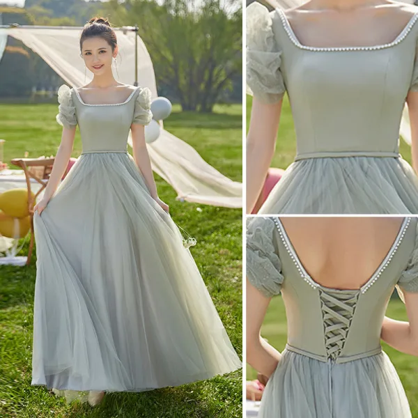 Modest / Simple Mint Green Bow Bridesmaid Dresses 2022 A-Line / Princess Short Sleeve Backless Floor-Length / Long Wedding Party Dresses