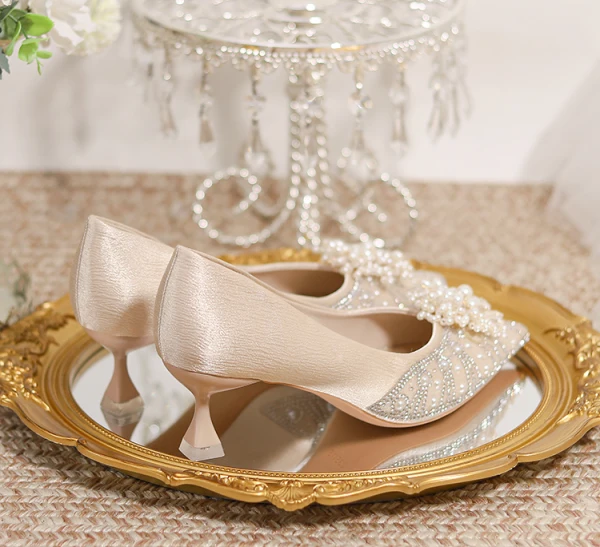 Charmant Champagne Perle Faux Diamant Chaussure De Mariée 2023 5 cm Talons Aiguilles À Bout Pointu Mariage Escarpins Talons Hauts