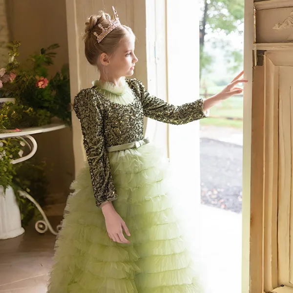 Sparkly Sage Green Cascading Ruffles Sequins Birthday Flower Girl Dresses 2024 A-Line / Princess High Neck Long Sleeve Bow Sash Floor-Length / Long Flower Girl Dresses