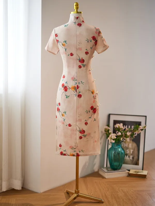 Chinese style Khaki Printing Summer Tea-length Cheongsam 2024 Trumpet / Mermaid High Neck Short Sleeve
