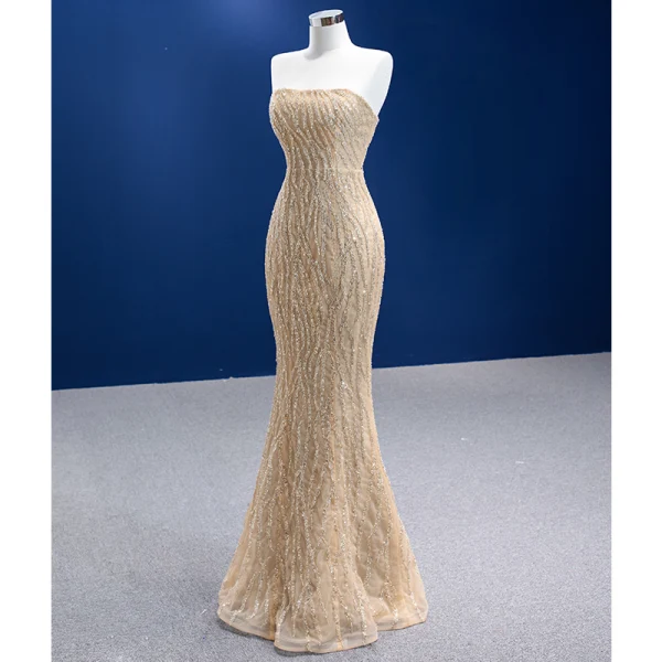 Haut de Gamme Kaki Perlage Paillettes Satin Robe De Soirée 2022 Trompette / Sirène Une épaule Sans Manches Dos Nu Chapel Train Soirée Robe De Ceremonie